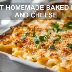 BEST HOMEMADE BAKED MAC AND CHEESE vibrant golden crust served in rustic white dish with glass of water