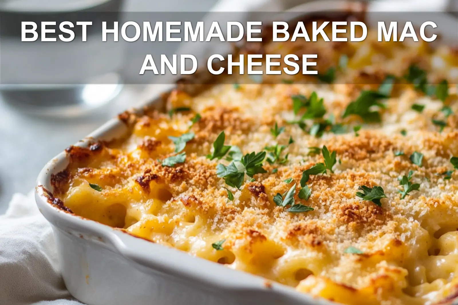 BEST HOMEMADE BAKED MAC AND CHEESE vibrant golden crust served in rustic white dish with glass of water