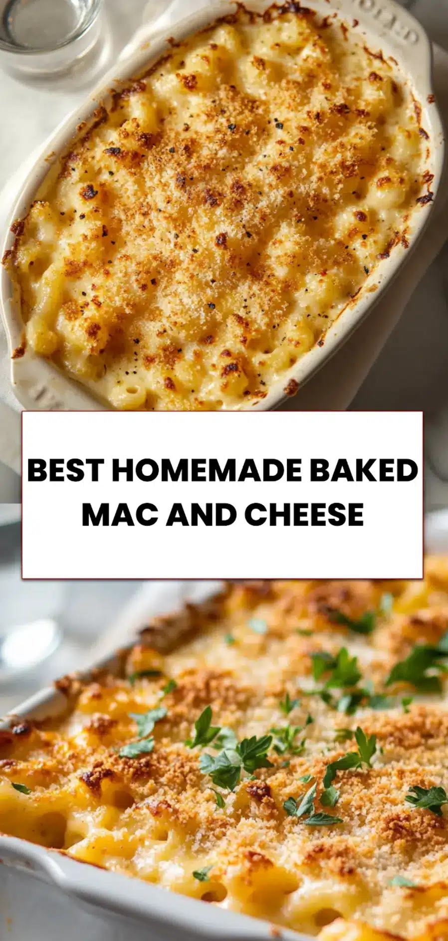 BEST Homemade Baked Mac and Cheese: Easy & Irresistible 5 Final baked BEST Homemade Baked Mac and Cheese with golden crust served in white ceramic dish with rustic napkin
