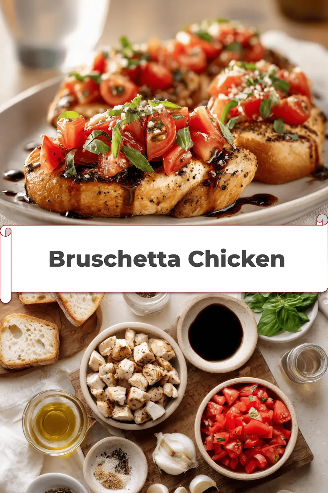 Bruschetta Chicken Recipe: Easy and Delicious Dinner 5 Pin-ready image of bruschetta chicken with balsamic glaze and fresh tomato topping