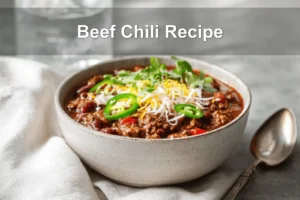 Beef Chili Recipe hearty bowl with shredded cheese fresh herbs jalapeños on white napkin