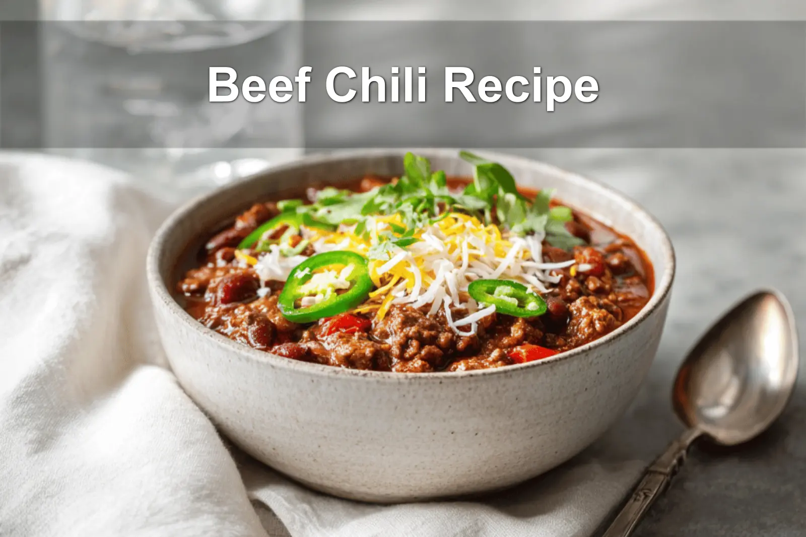 Classic beef chili in a rustic bowl, topped with shredded cheddar cheese and a dollop of sour cream
