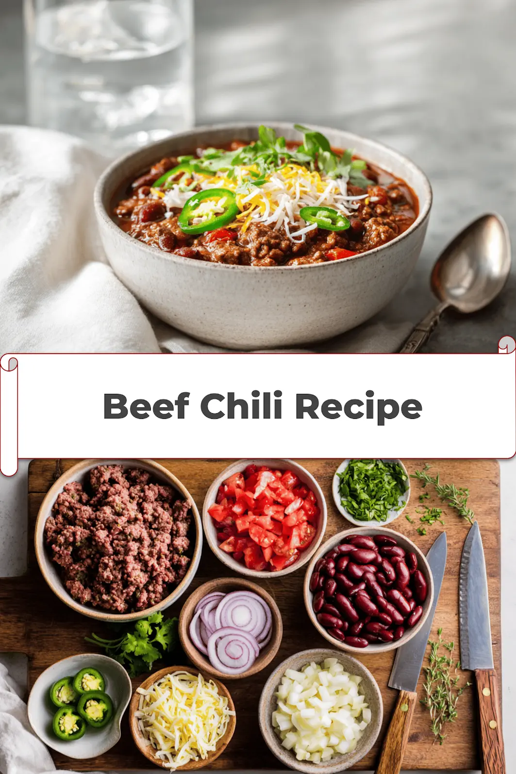 Beef Chili Recipe: Easy Delicious Comfort Meal 5 Beef Chili Recipe hearty bowl with shredded cheese fresh herbs jalapeños on white napkin_pin