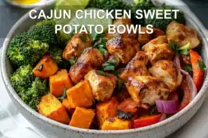 CAJUN CHICKEN SWEET POTATO BOWLS vibrant bowl with roasted sweet potatoes chicken peppers and herbs