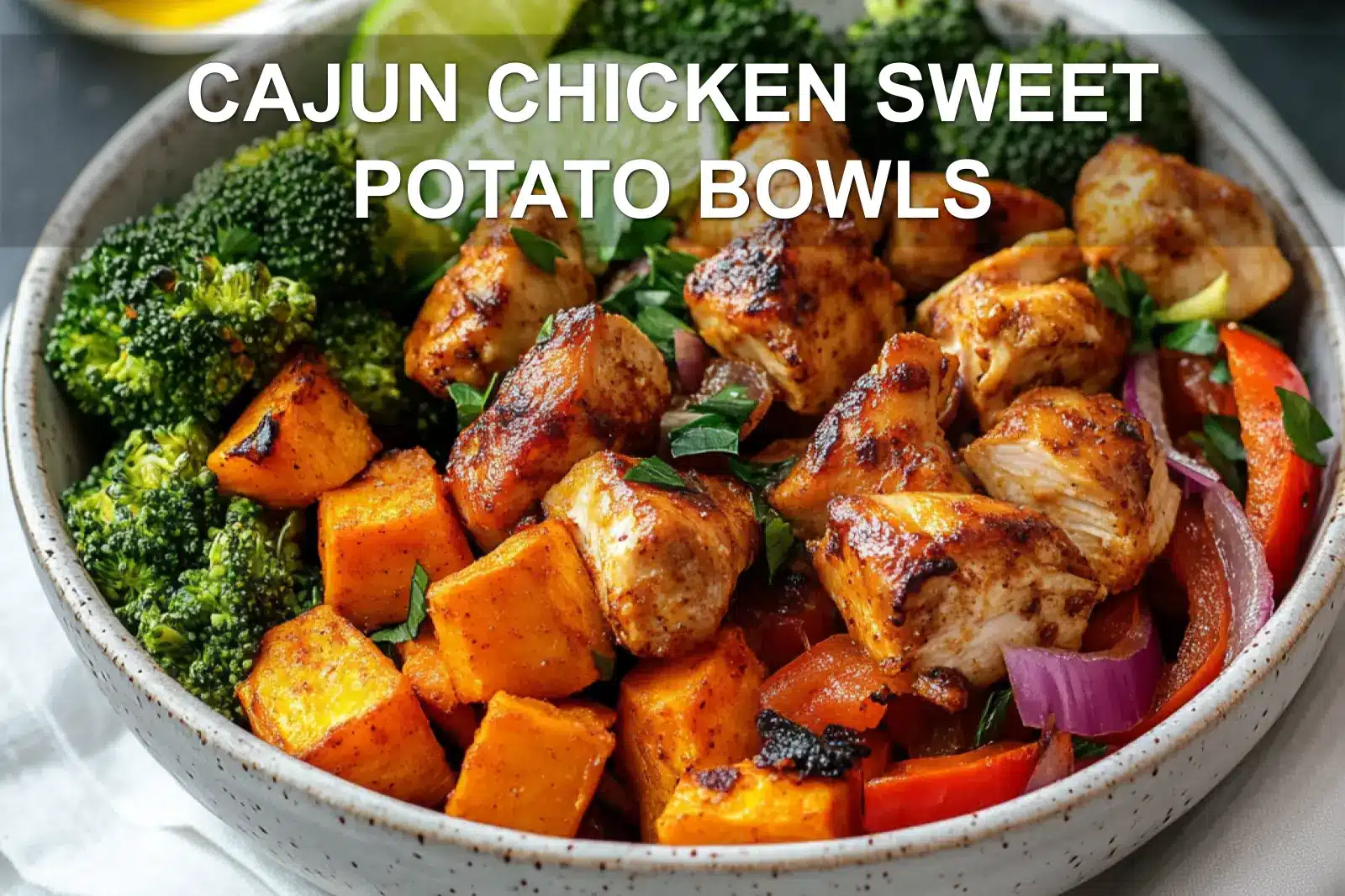 CAJUN CHICKEN SWEET POTATO BOWLS vibrant bowl with roasted sweet potatoes chicken peppers and herbs