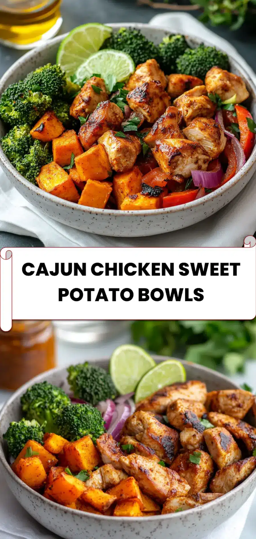 Cajun Chicken & Sweet Potato Bowls: Easy Delicious Recipe 5 Finished Cajun Chicken Sweet Potato Bowls topped with herbs ready for meal prep or dinner