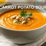 CARROT POTATO SOUP creamy bowl on white cloth with clear glass of water warm natural lighting