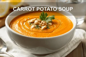CARROT POTATO SOUP creamy bowl on white cloth with clear glass of water warm natural lighting