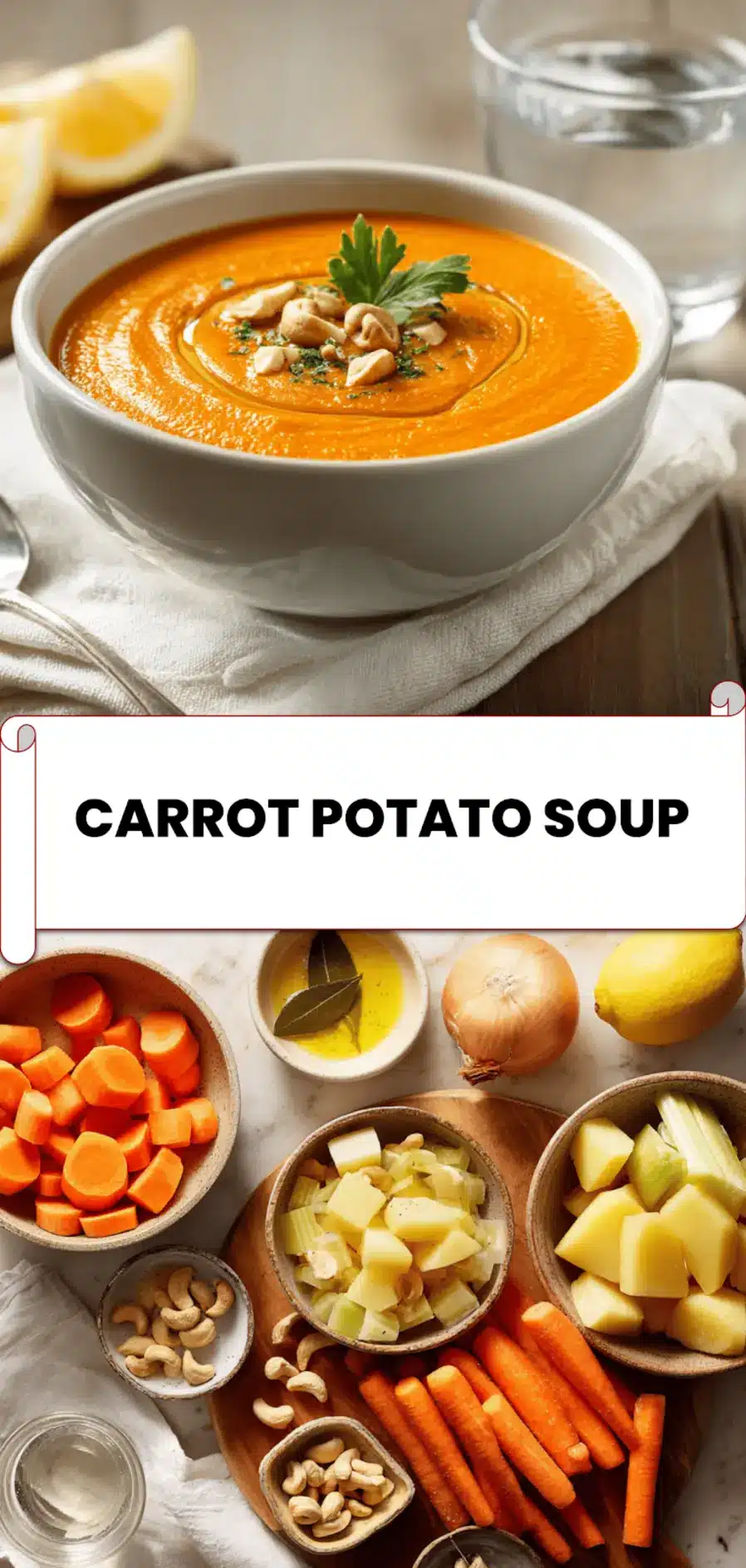 Carrot Potato Soup - Simple and Delicious Recipe 5 Vegan carrot potato soup served in bowl with rustic plating and natural light