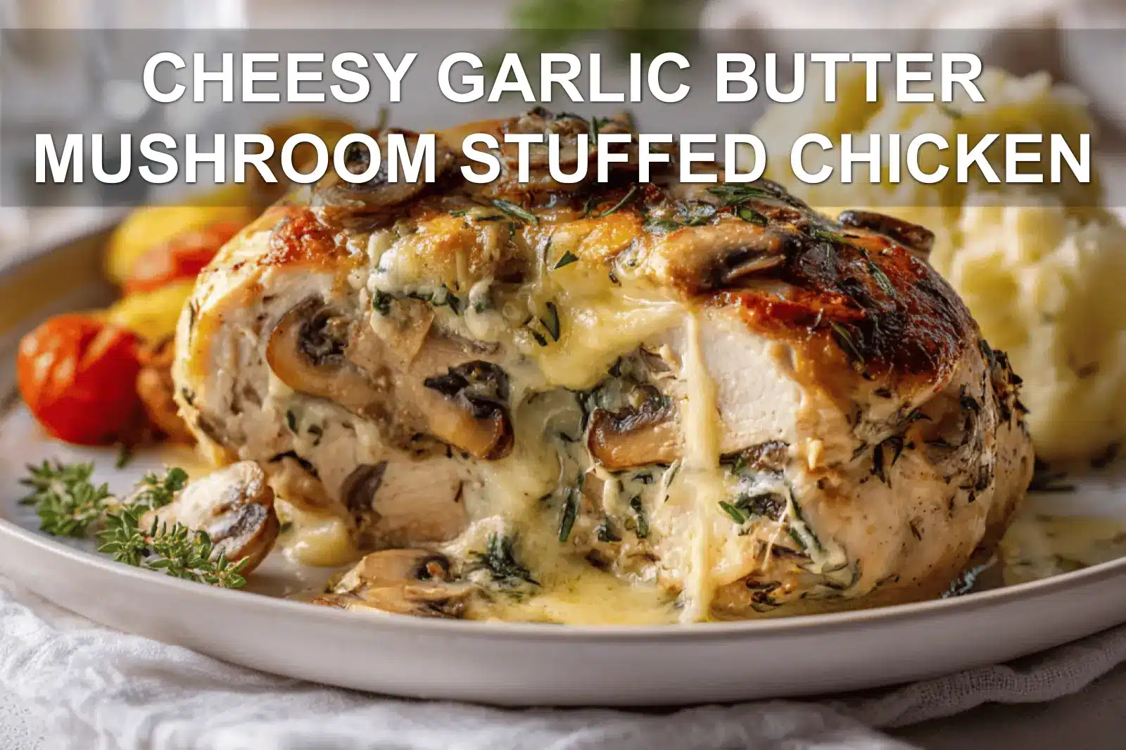 CHEESY GARLIC BUTTER MUSHROOM STUFFED CHICKEN plated with roasted vegetables and creamy mashed potatoes