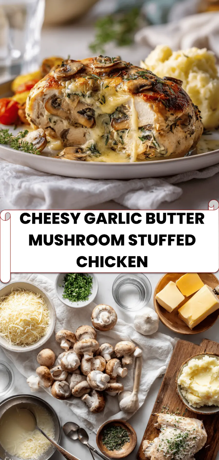 Cheesy Garlic Butter Mushroom Stuffed Chicken: Easy and Delicious 5 Plated cheesy garlic butter mushroom stuffed chicken served with vegetables and mashed potatoes for a cozy dinner