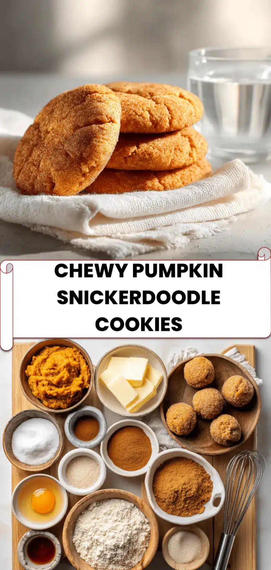Chewy Pumpkin Snickerdoodle Cookies: Irresistibly Soft and Easy Recipe 5 Chewy pumpkin snickerdoodle cookies stacked on white napkin with cinnamon-sugar coating and soft centers