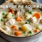 CHICKEN POT PIE SOUP RECIPE warm bowl of chicken pot pie soup with creamy vegetables and thyme