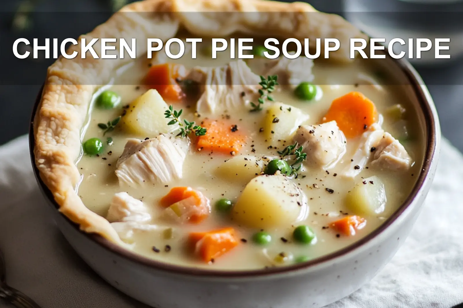 CHICKEN POT PIE SOUP RECIPE warm bowl of chicken pot pie soup with creamy vegetables and thyme