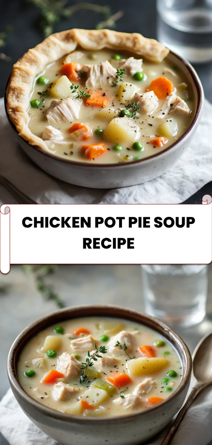 Chicken Pot Pie Soup Recipe: Delicious Comfort in a Bowl 5 Chicken pot pie soup recipe with creamy broth, fresh herbs, and crisp biscuit topping_pinterest image