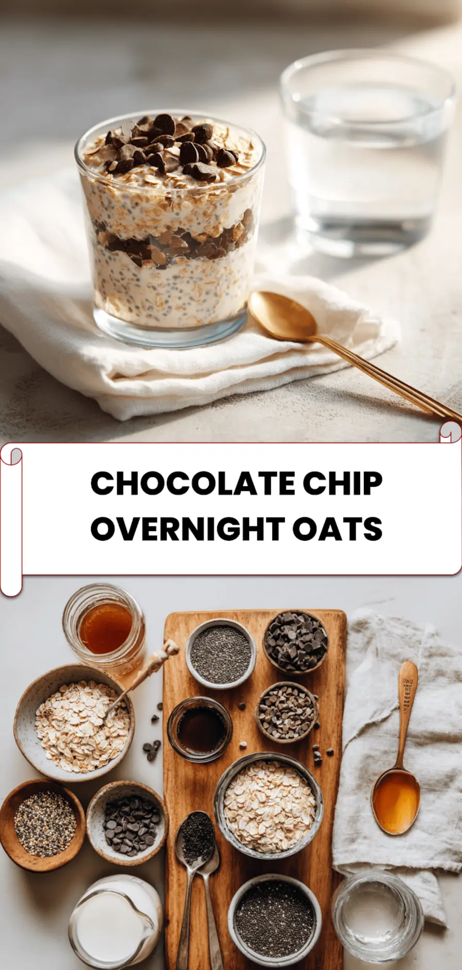 Chocolate Chip Overnight Oats: Easy Irresistible Recipe 5 Chocolate chip overnight oats in mason jar topped with mini chips styled for Pinterest with bright natural light