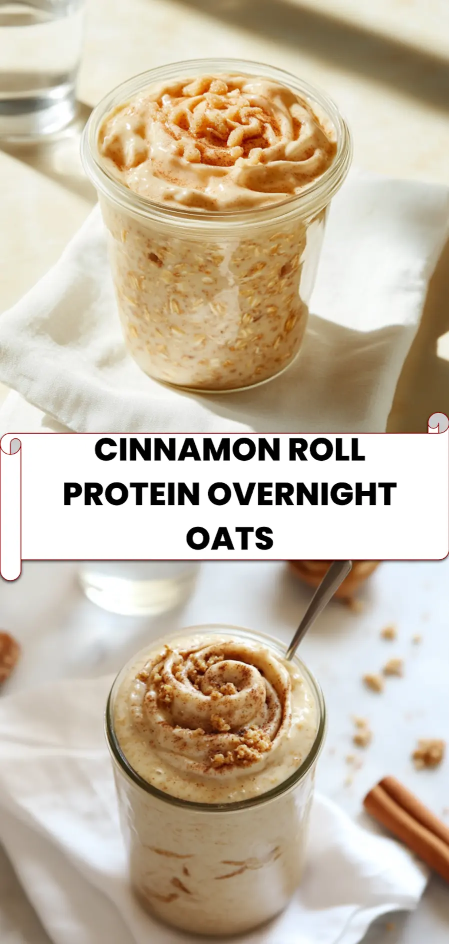 Cinnamon Roll Protein Overnight Oats: Simple and Delicious Recipe 5 Mason jar filled with Cinnamon Roll Protein Overnight Oats topped with cinnamon swirl and brown sugar, perfect for easy breakfast meal prep