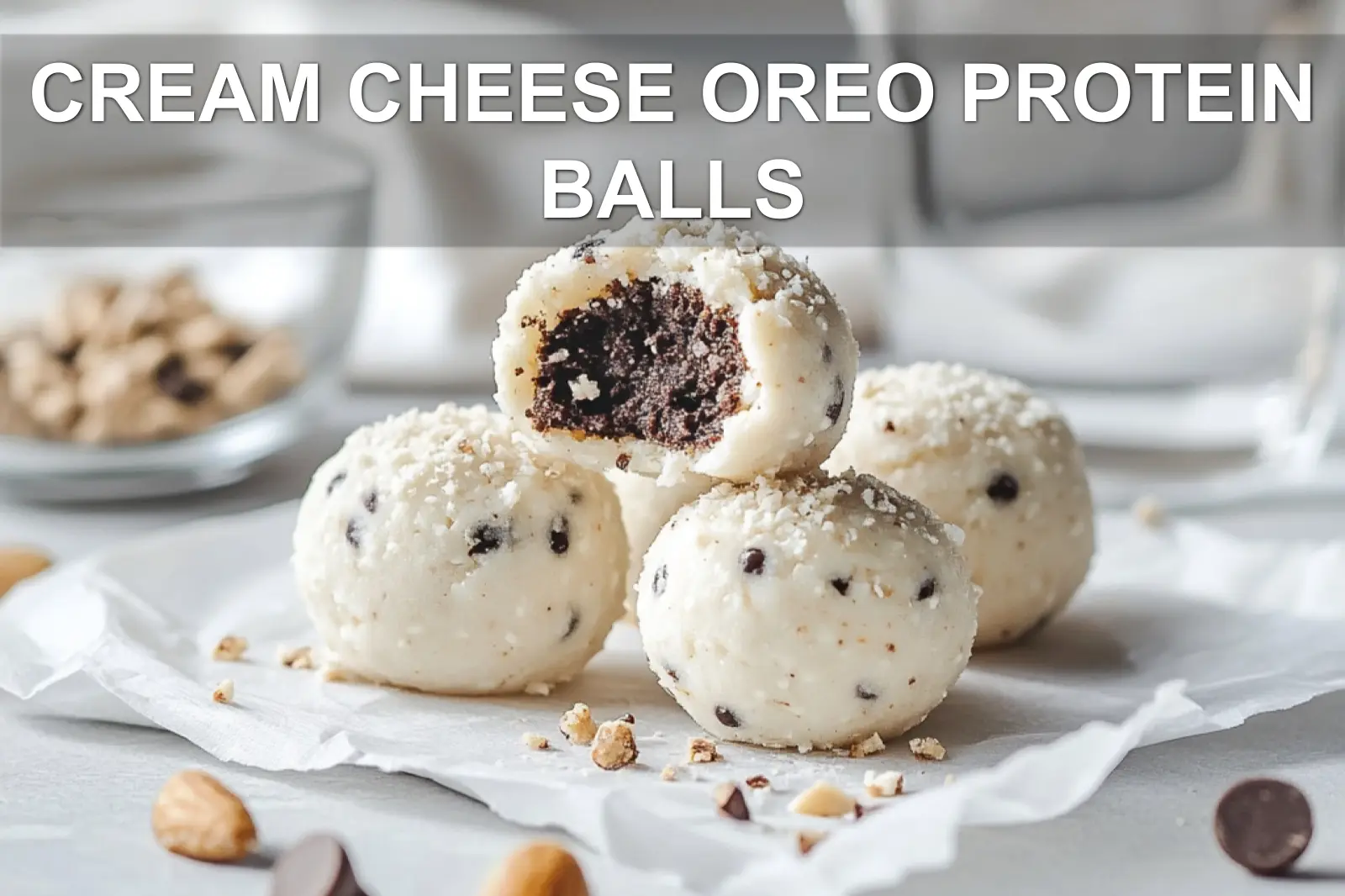 CREAM CHEESE OREO PROTEIN BALLS close up on white napkin warm natural light