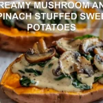 CREAMY MUSHROOM AND SPINACH STUFFED SWEET POTATOES plated with tahini drizzle lemon wedge warm rustic styling