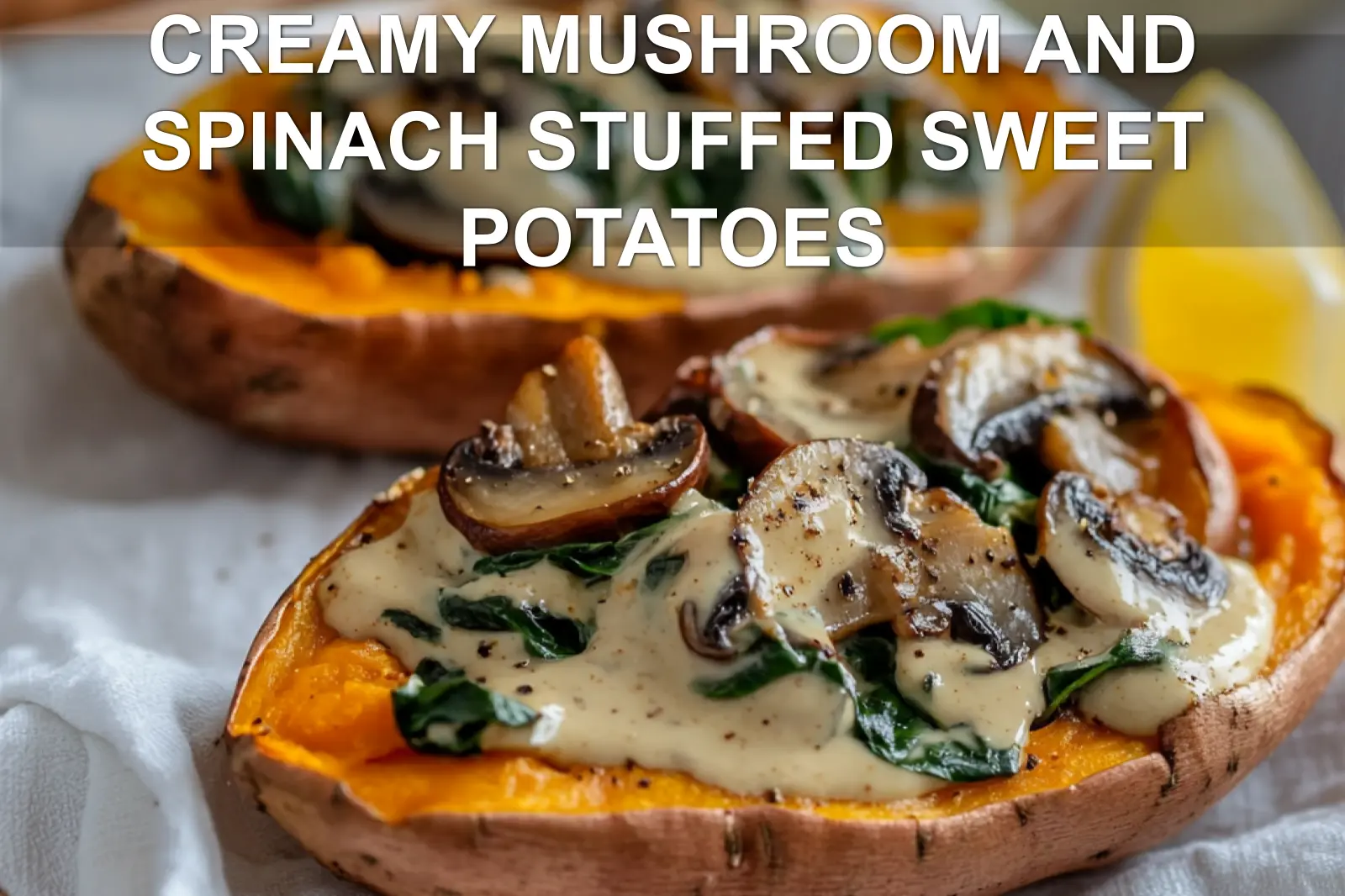 CREAMY MUSHROOM AND SPINACH STUFFED SWEET POTATOES plated with tahini drizzle lemon wedge warm rustic styling