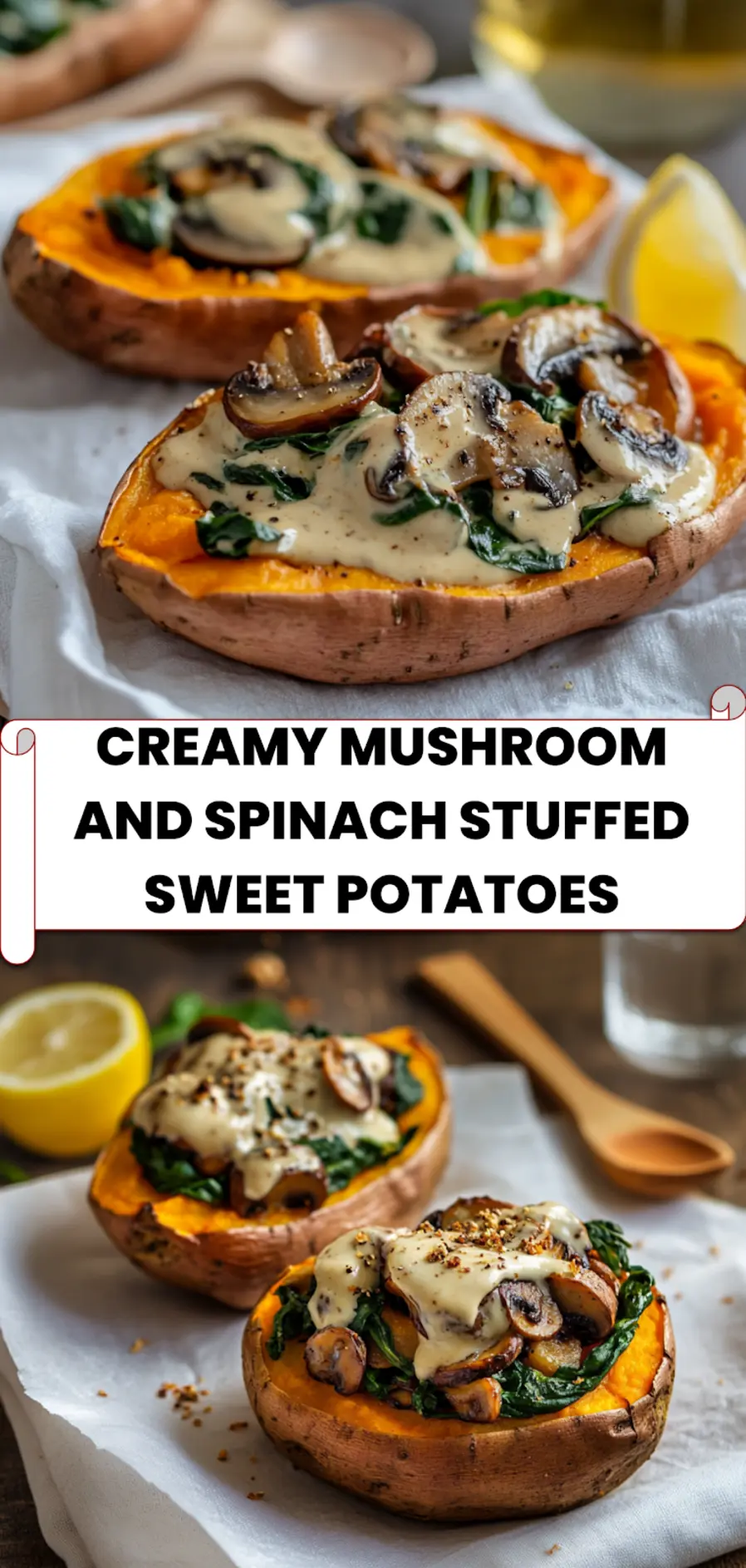 Creamy Mushroom and Spinach Stuffed Sweet Potatoes - Easy & Irresistible 5 Serving of creamy mushroom and spinach stuffed sweet potatoes with rustic plating and garnish for Pinterest inspiration