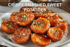 CRISPY SMASHED SWEET POTATOES plated with honey drizzle and chili sauce warm golden crunch