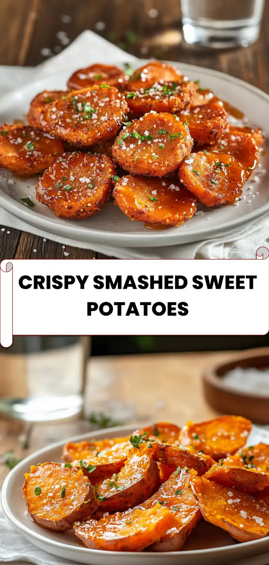 Crispy Smashed Sweet Potatoes: Irresistibly Easy Recipe 5 Final crispy smashed sweet potatoes served with golden edges, drizzled glaze and herbs