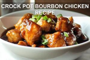 CROCK POT BOURBON CHICKEN RECIPE glazed chicken in bowl on white napkin with clear water
