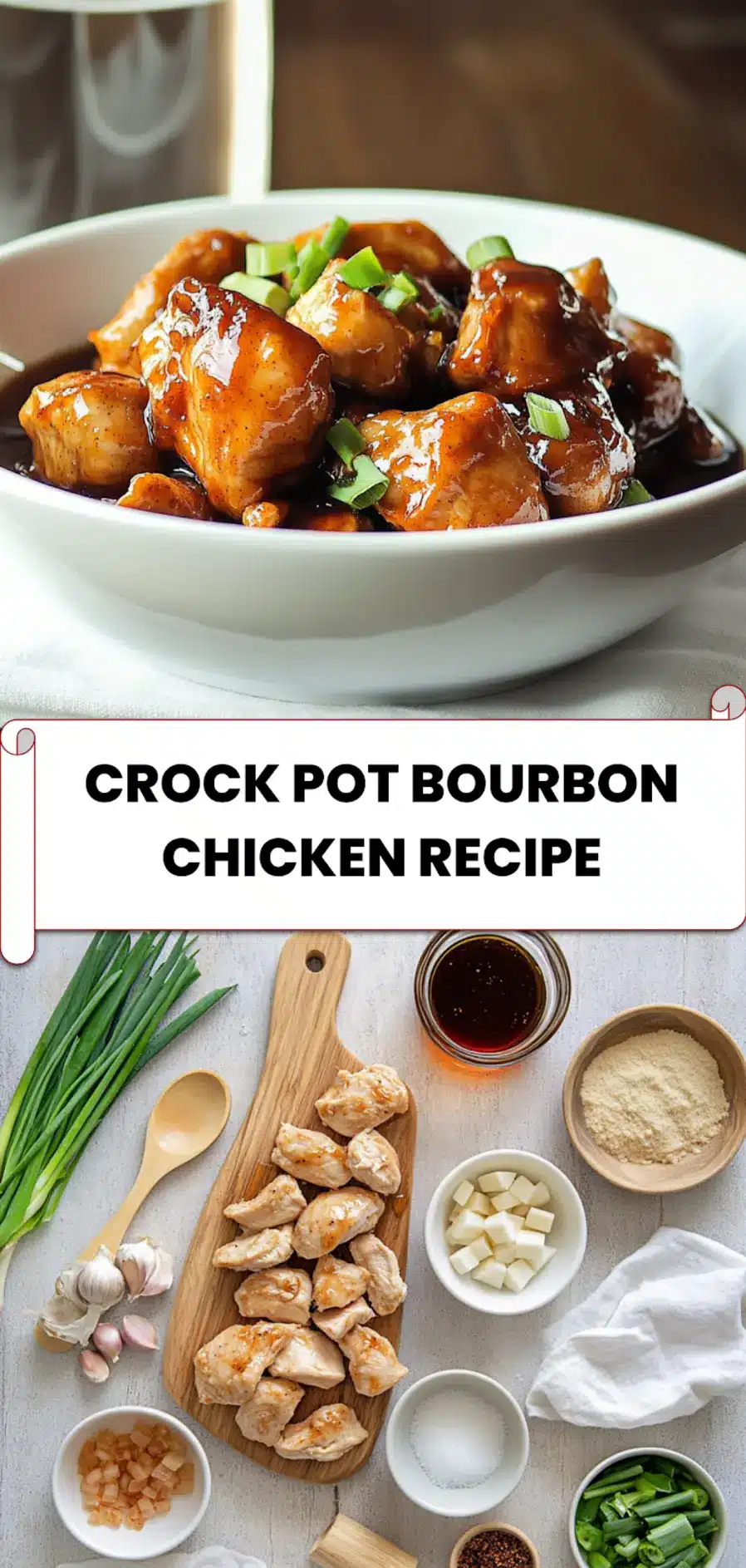 Crock Pot Bourbon Chicken Recipe: Simple Delicious Dish 5 Plated crock pot bourbon chicken with rice on a white napkin – pin image