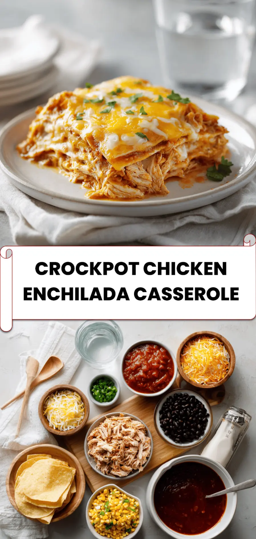 Crockpot Chicken Enchilada Casserole: Easy and Delicious 5 Crockpot Chicken Enchilada Casserole cheesy baked in white ceramic dish with toppings and drinking glass
