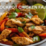 CROCKPOT CHICKEN FAJITA plated with tortillas lime wedges vibrant peppers and taco spice