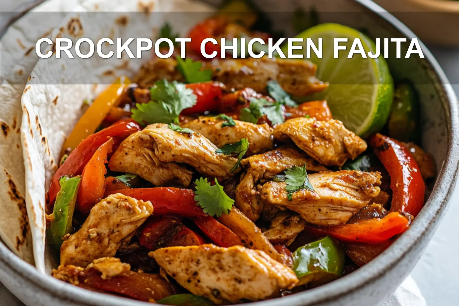 CROCKPOT CHICKEN FAJITA plated with tortillas lime wedges vibrant peppers and taco spice