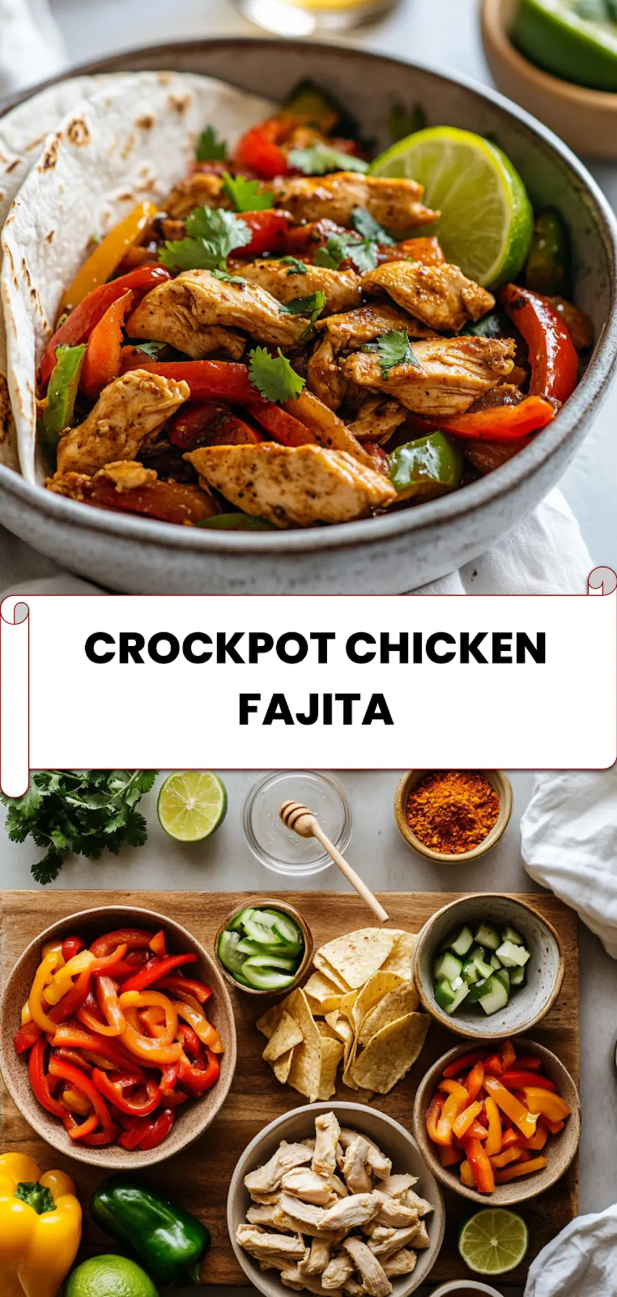 Crockpot Chicken Fajita: Easy and Delicious Recipe 5 Plated crockpot chicken fajitas with tortillas, peppers, limes, and cilantro on a rustic board