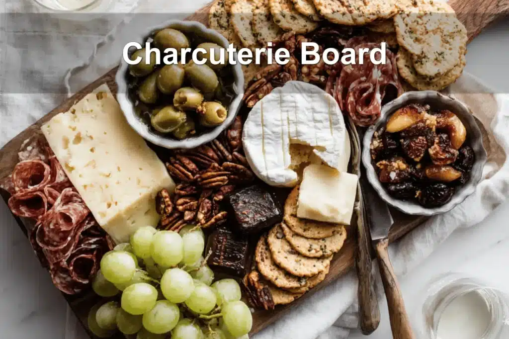 Charcuterie Board with brie prosciutto grapes figs crackers on warm styled table
