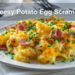 Cheesy Potato Egg Scramble: Delicious Breakfast Recipe 6 Cheesy Potato Egg Scramble plated with crispy potatoes scrambled eggs cheddar bacon and chives