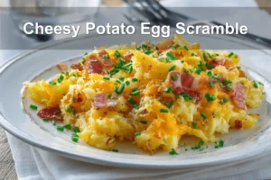 Cheesy Potato Egg Scramble plated with crispy potatoes scrambled eggs cheddar bacon and chives