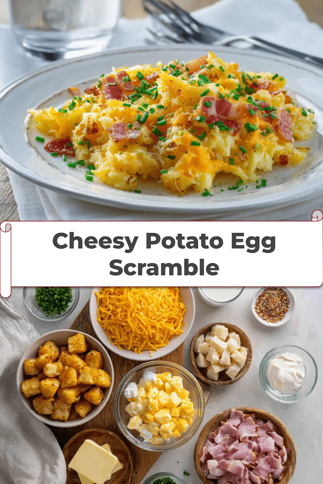 Cheesy Potato Egg Scramble: Delicious Breakfast Recipe 5 Cheesy Potato Egg Scramble in a serving bowl with crispy potatoes, melty cheese, eggs, bacon and sprinkled parsley