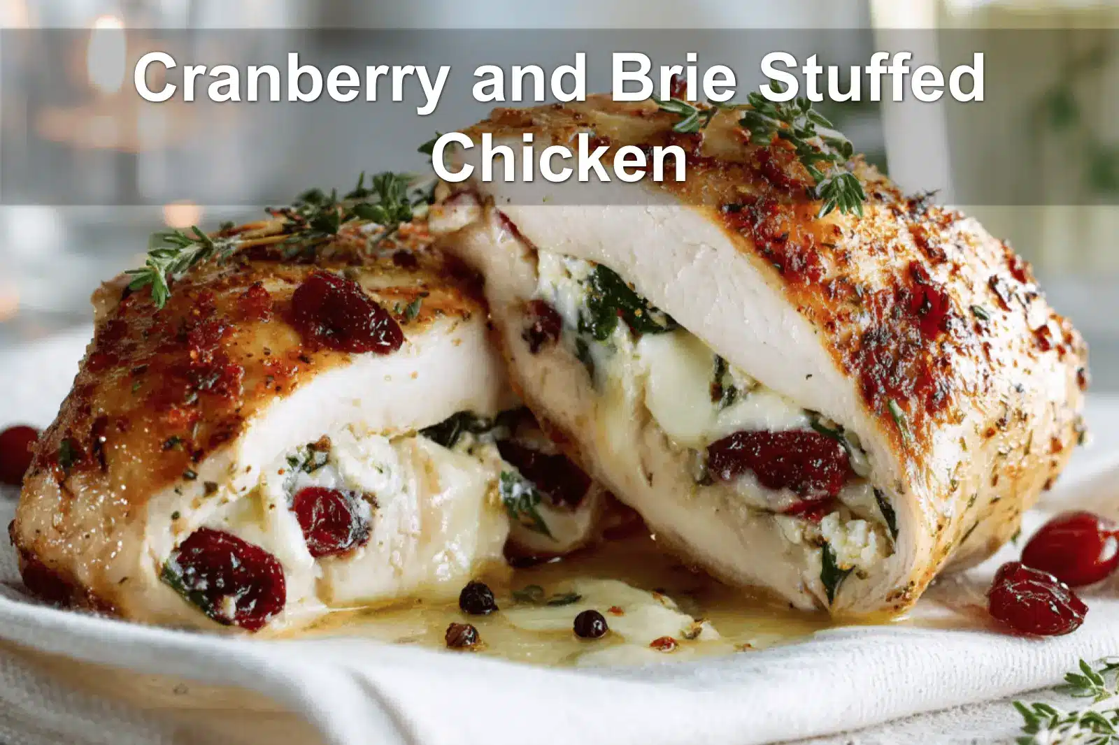 Cranberry and Brie Stuffed Chicken warm plated close up with thyme and spinach for blog header