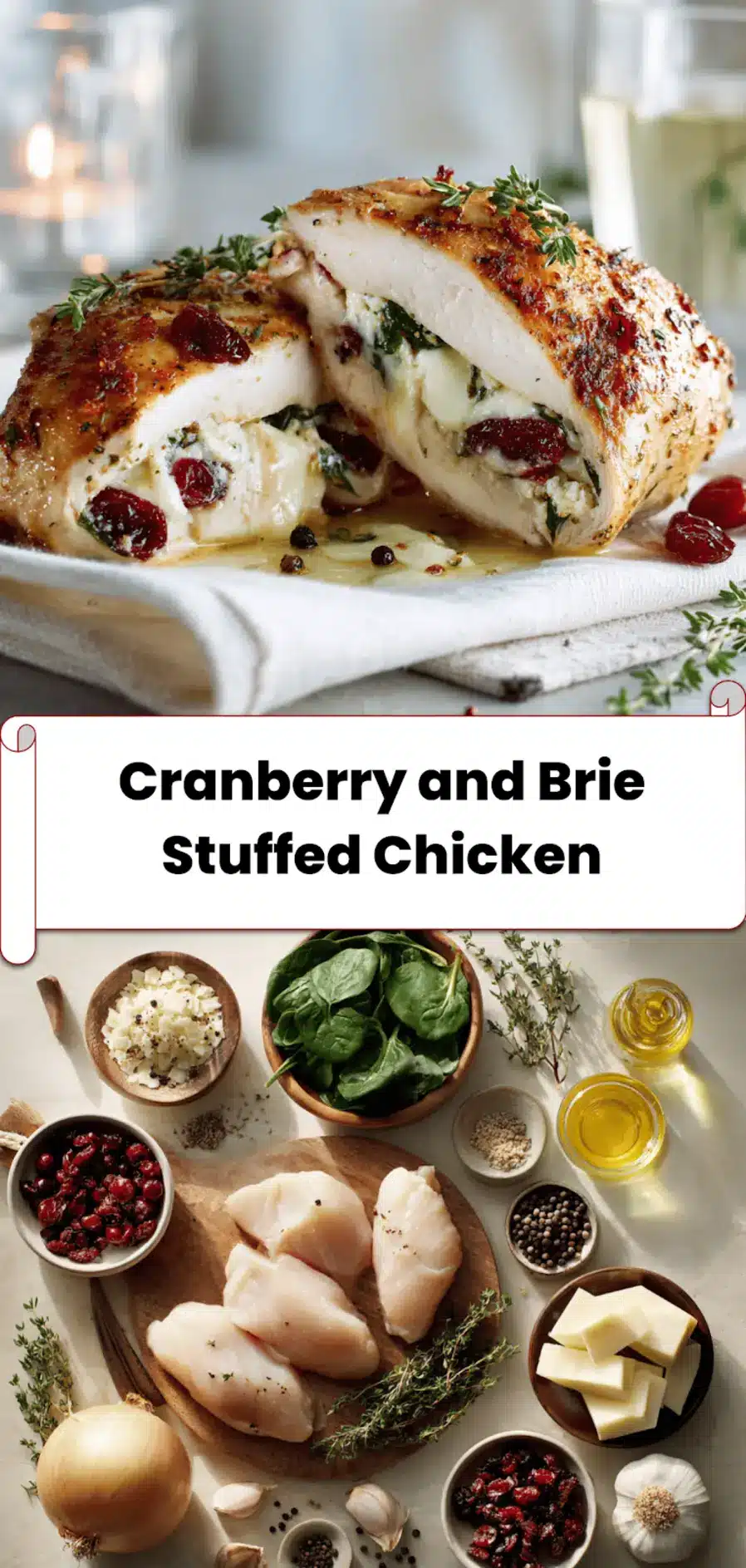 Cranberry and Brie Stuffed Chicken: Easy Delicious Recipe 5 Golden-baked Cranberry and Brie Stuffed Chicken sliced on plate with spinach and thyme, perfect for holiday table