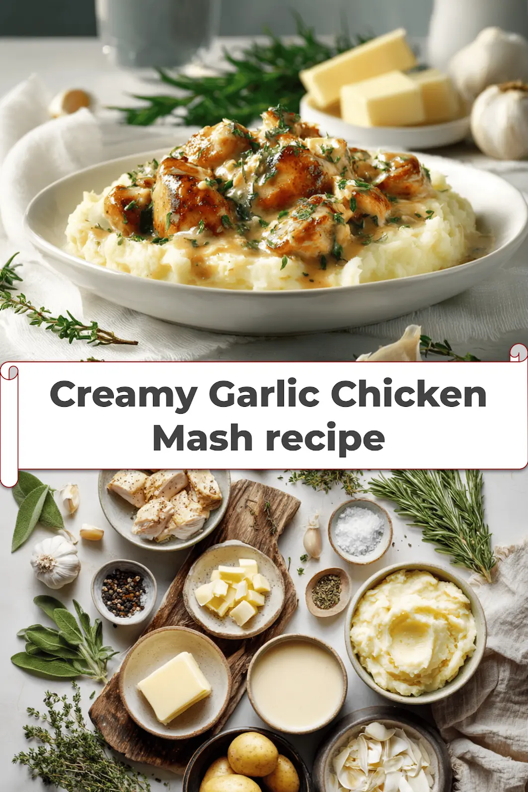 Creamy Garlic Chicken & Mash Recipe: Irresistible Comfort Food 5 Plated dish of Creamy Garlic Chicken Mash with fluffy mashed potatoes and creamy garlic sauce