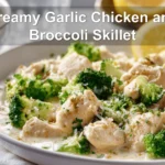 Creamy Garlic Chicken and Broccoli Skillet close up with creamy sauce broccoli and rice warm tones