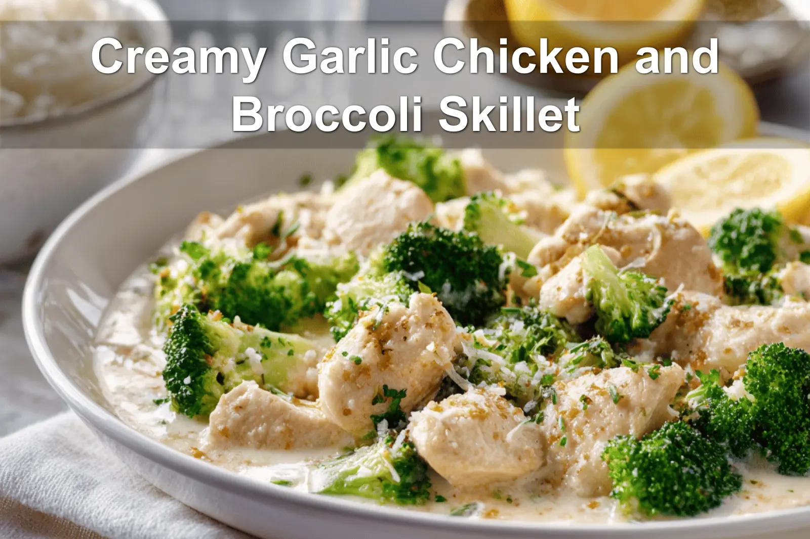 Creamy Garlic Chicken and Broccoli Skillet close up with creamy sauce broccoli and rice warm tones