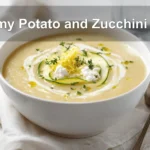 Creamy Potato and Zucchini Soup in white bowl on linen garnished with thyme and melted cheddar