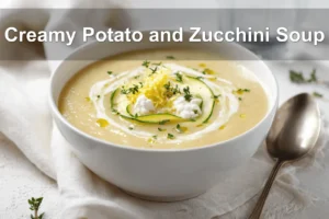 Creamy Potato and Zucchini Soup in white bowl on linen garnished with thyme and melted cheddar
