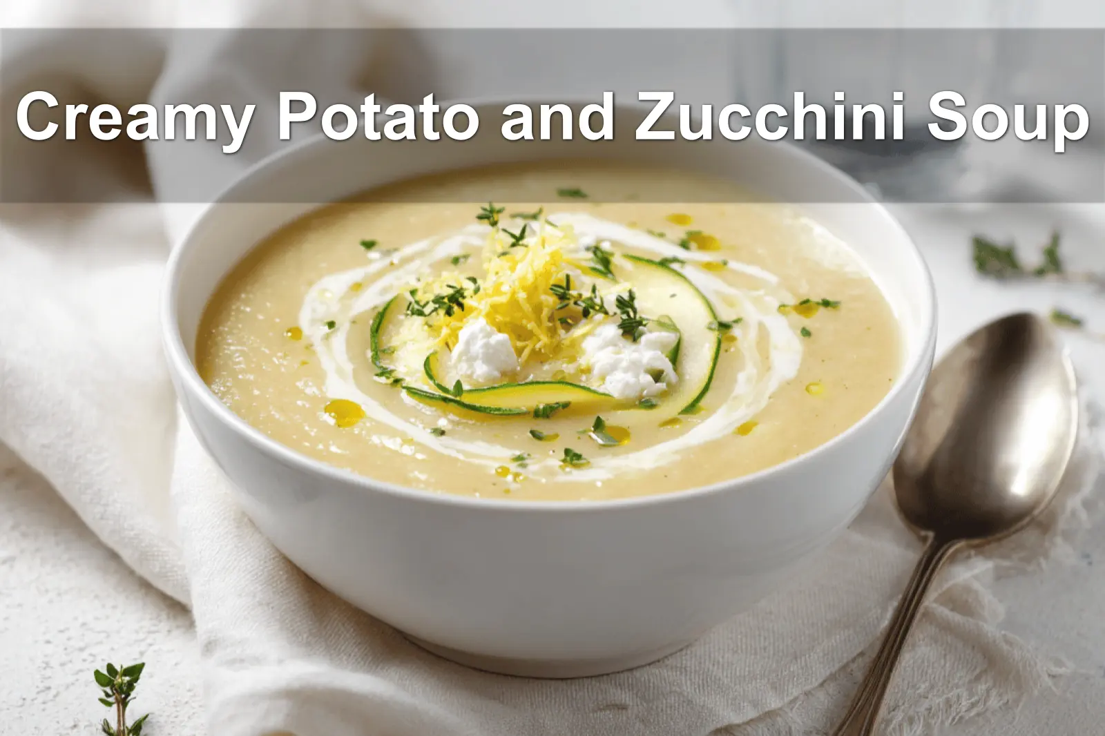 Rich creamy potato zucchini soup topped with cheddar cheese and fresh thyme