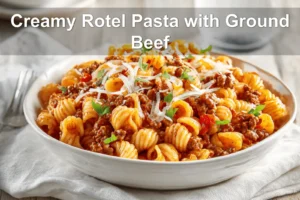 Creamy Rotel Pasta with Ground Beef plated with melted cheese and fresh herbs