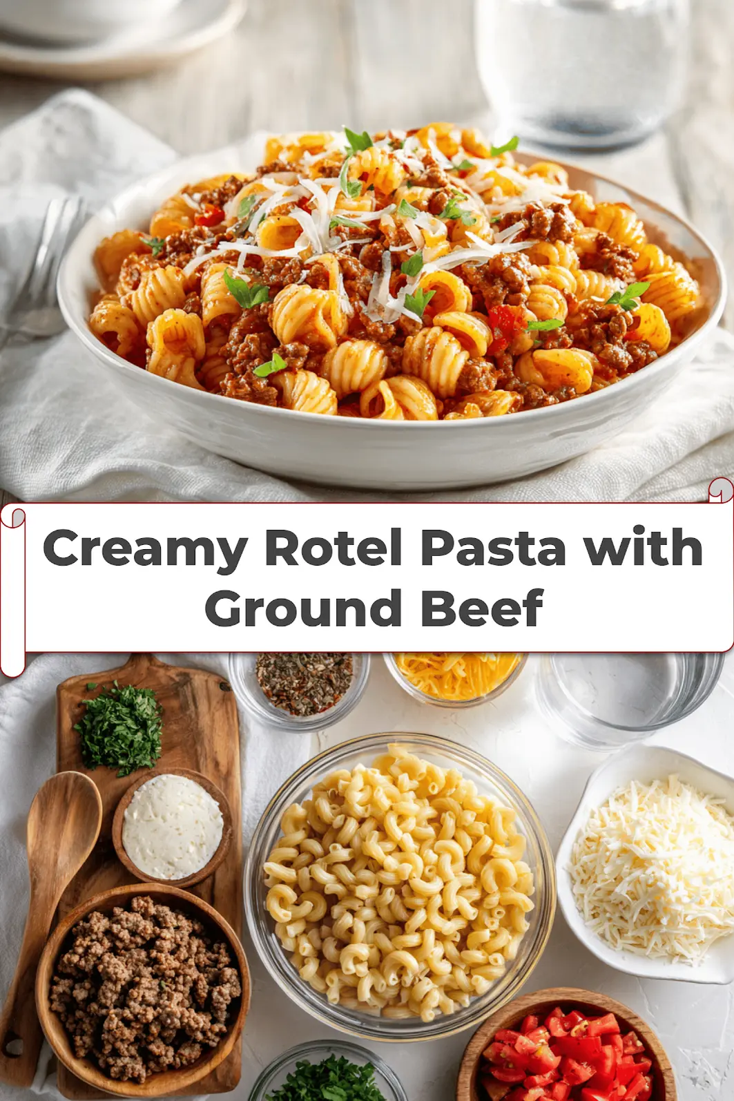 Creamy Rotel Pasta with Ground Beef: Quick and Delicious 5 Serving suggestion of Creamy Rotel Pasta with Ground Beef in a white bowl topped with fresh herbs and melted cheddar