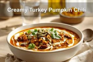 Creamy Turkey Pumpkin Chili in bowl on white napkin with glass of water