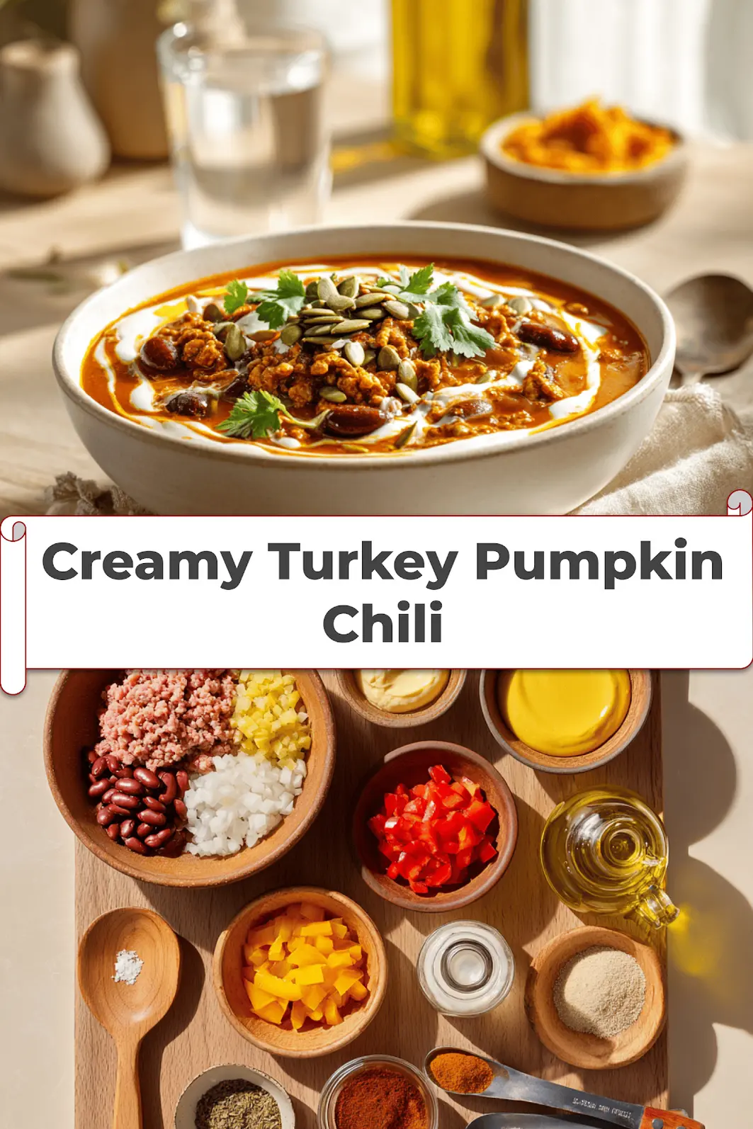Creamy Turkey Pumpkin Chili in bowl on white napkin with glass of water_pin