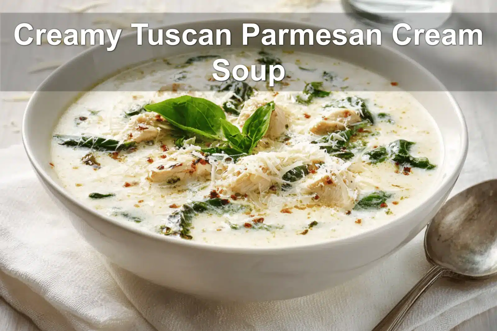 Creamy Tuscan Parmesan Cream Soup in ceramic bowl garnished with basil and grated Parmesan